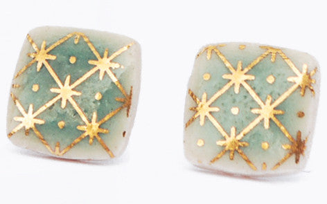 Gold on Jade Square porcelain stud earrings