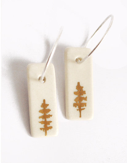 18k Trees on White Porcelain Hoop Earrings
