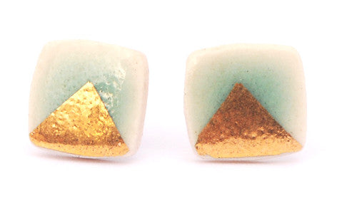 Gold Triangle on Celadon Square porcelain stud earrings