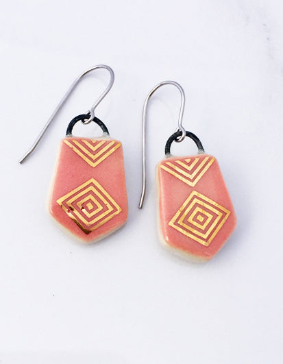 Pink and gold porcelain and wire earrings