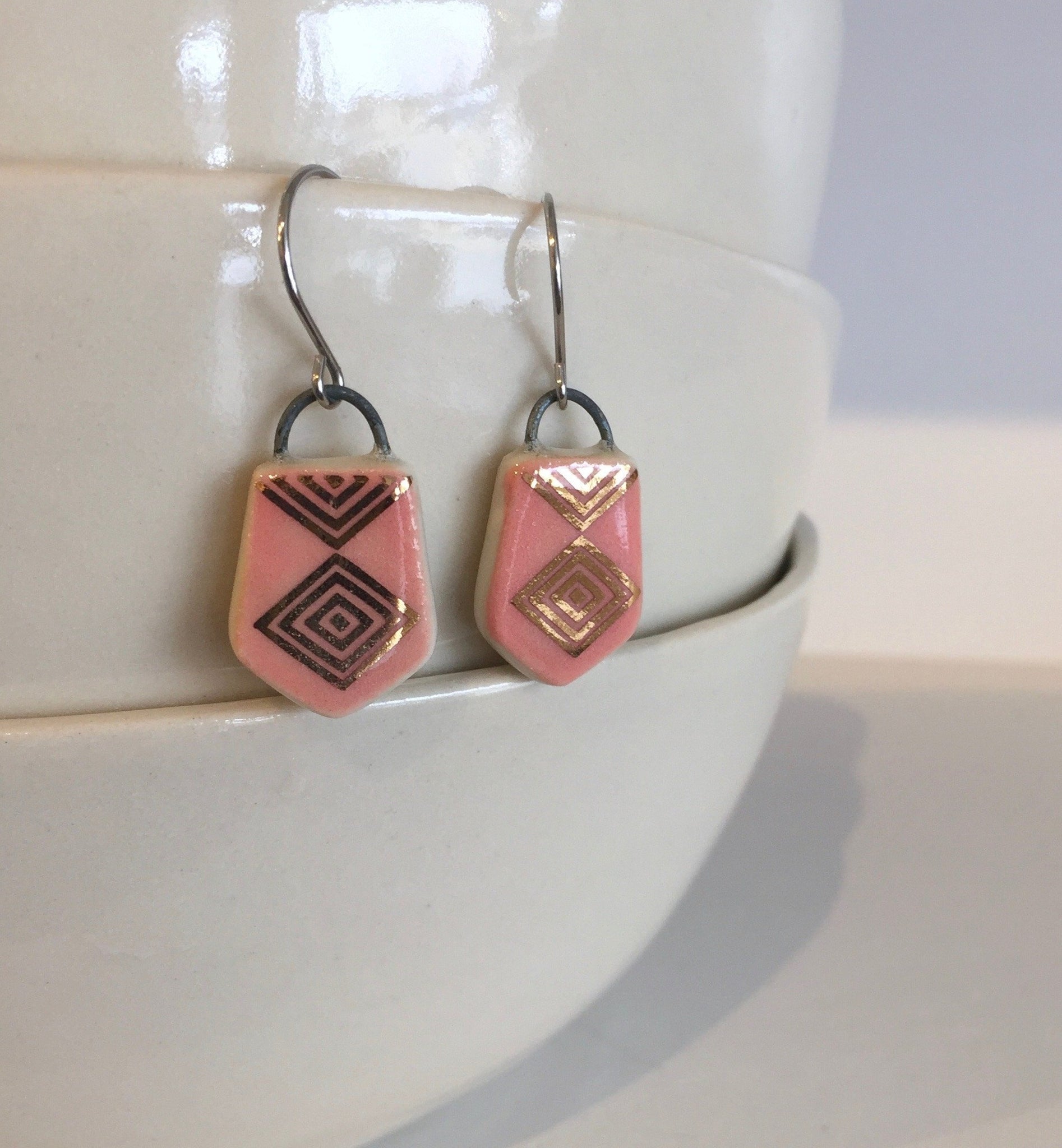 Pink and gold porcelain and wire earrings