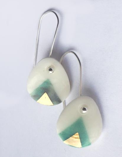 Gold on grey turquoise porcelain drop earrings with sterling silver hooks
